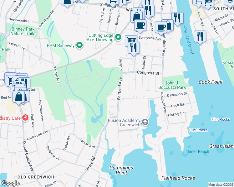 map of restaurants, bars, coffee shops, grocery stores, and more near 599 Fairfield Avenue in Stamford