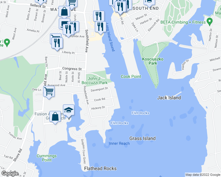 map of restaurants, bars, coffee shops, grocery stores, and more near 80 Davenport Drive in Stamford