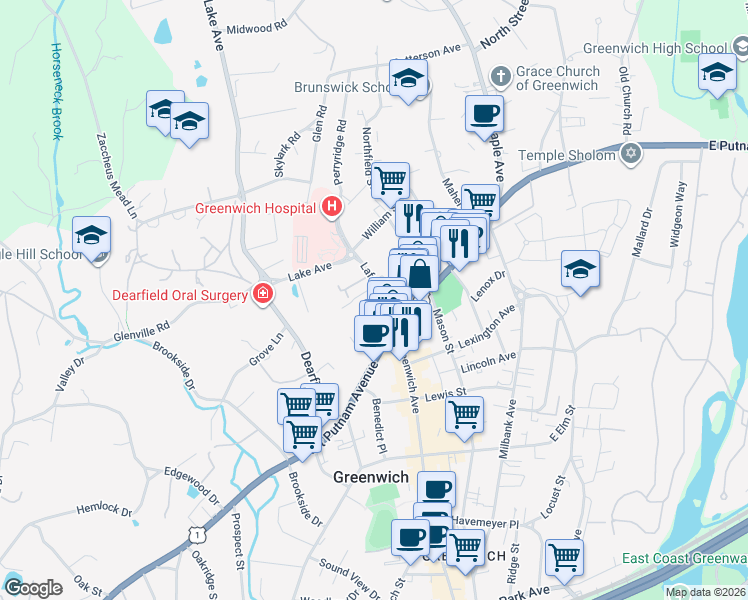 map of restaurants, bars, coffee shops, grocery stores, and more near 37 Lafayette Place in Greenwich