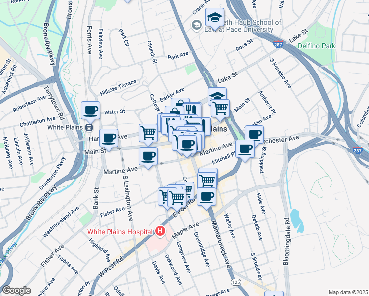 map of restaurants, bars, coffee shops, grocery stores, and more near 59 Court Street in White Plains