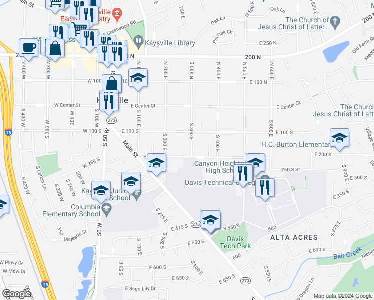 map of restaurants, bars, coffee shops, grocery stores, and more near 133 South 300 East in Kaysville