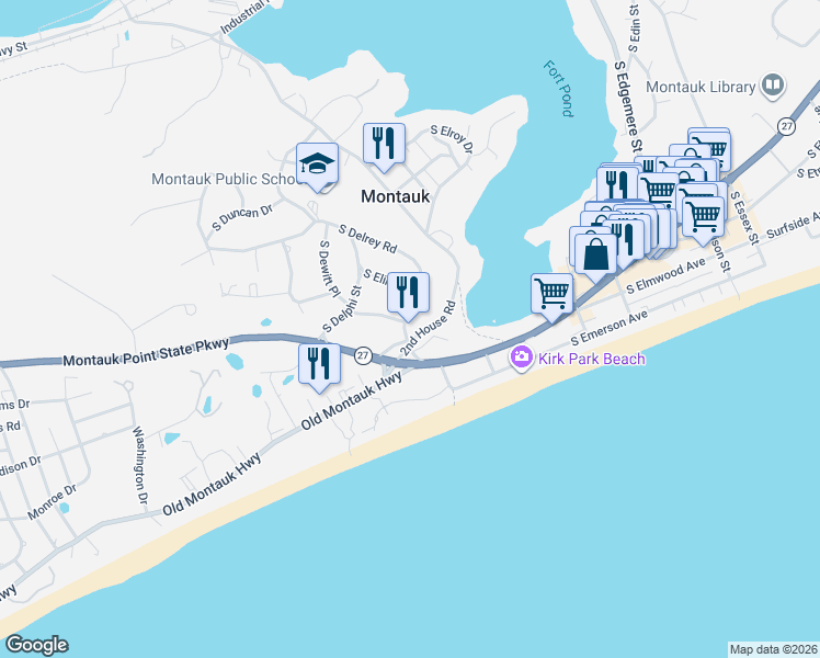 map of restaurants, bars, coffee shops, grocery stores, and more near 15 South Delrey Road in Montauk