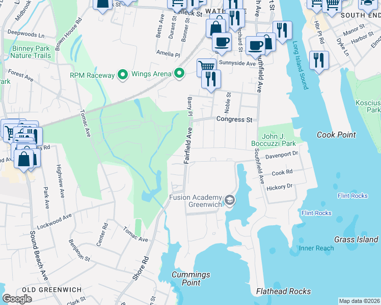 map of restaurants, bars, coffee shops, grocery stores, and more near 599 Fairfield Avenue in Stamford