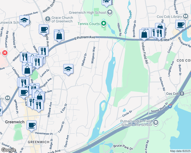 map of restaurants, bars, coffee shops, grocery stores, and more near 1 Spring Road in Greenwich