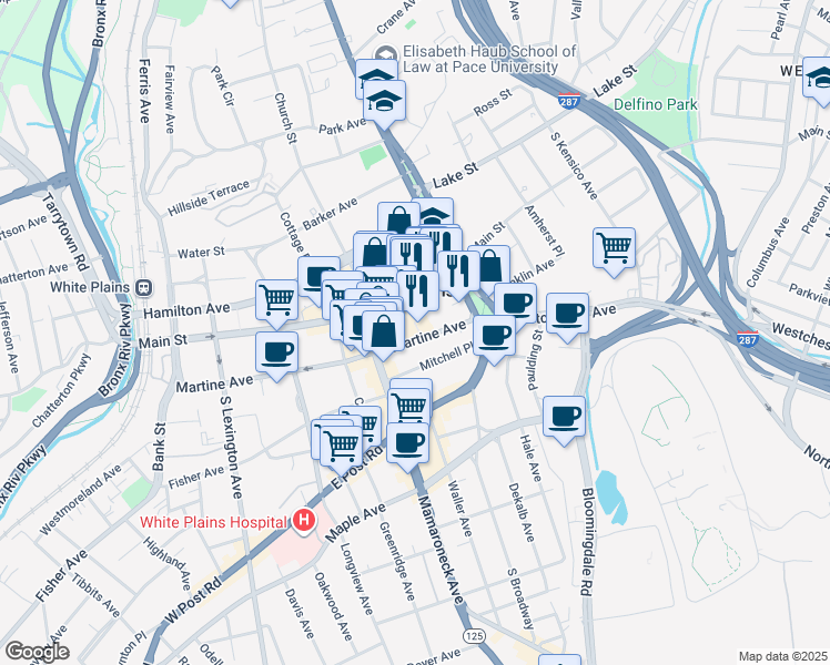 map of restaurants, bars, coffee shops, grocery stores, and more near 46 City Place in White Plains
