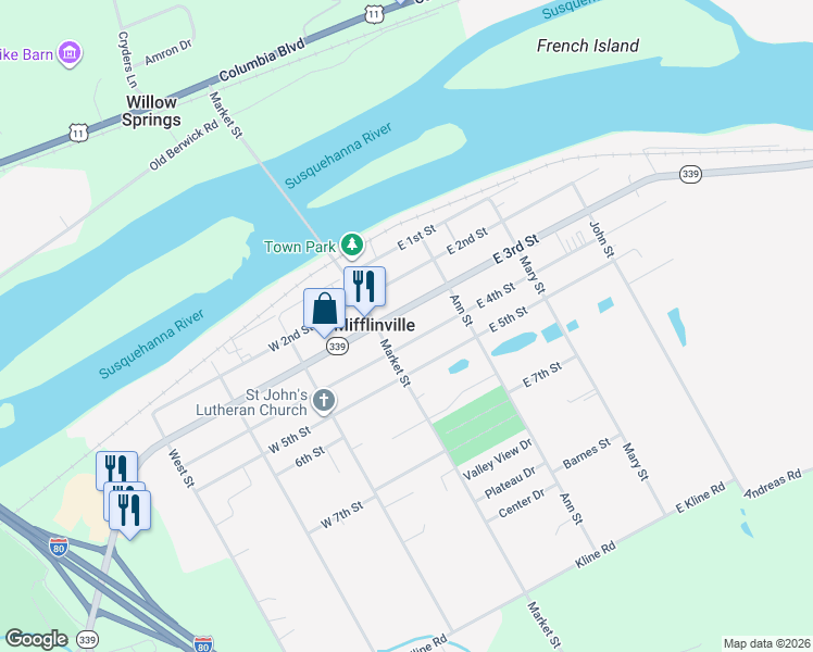 map of restaurants, bars, coffee shops, grocery stores, and more near 114 E 3rd St in Mifflinville