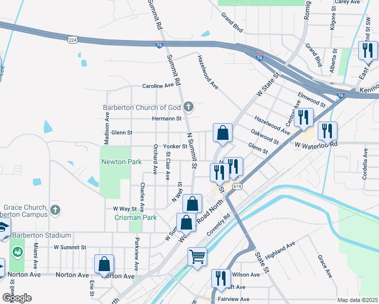 map of restaurants, bars, coffee shops, grocery stores, and more near 809 North Summit Street in Barberton