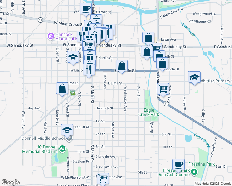 map of restaurants, bars, coffee shops, grocery stores, and more near 812 Maple Avenue in Findlay