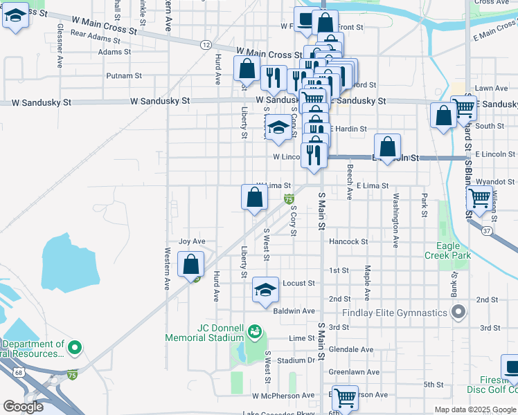 map of restaurants, bars, coffee shops, grocery stores, and more near 815 South West Street in Findlay