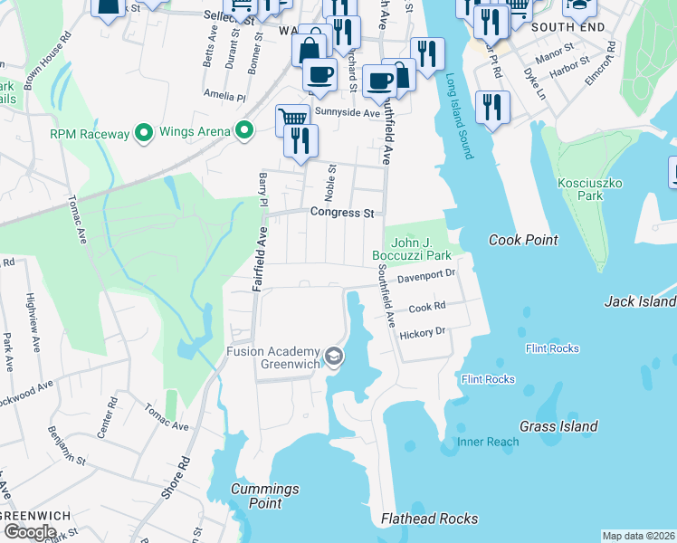 map of restaurants, bars, coffee shops, grocery stores, and more near 92 Burwood Avenue in Stamford