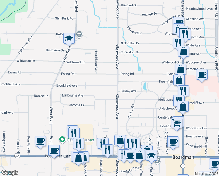 map of restaurants, bars, coffee shops, grocery stores, and more near 6476 Glenwood Avenue in Youngstown