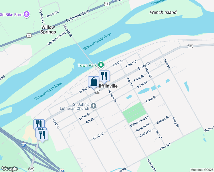 map of restaurants, bars, coffee shops, grocery stores, and more near in Mifflinville
