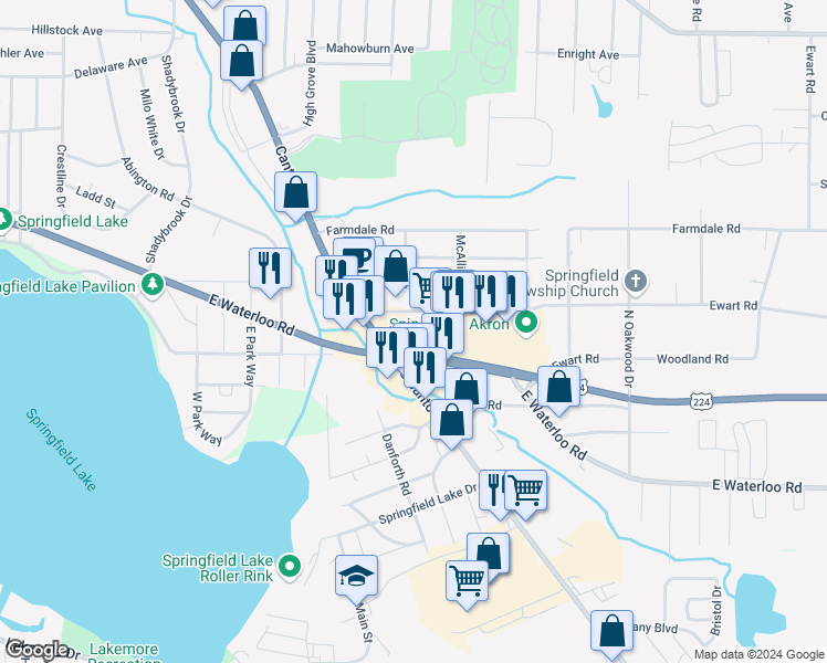 map of restaurants, bars, coffee shops, grocery stores, and more near 2801 East Waterloo Road in Akron