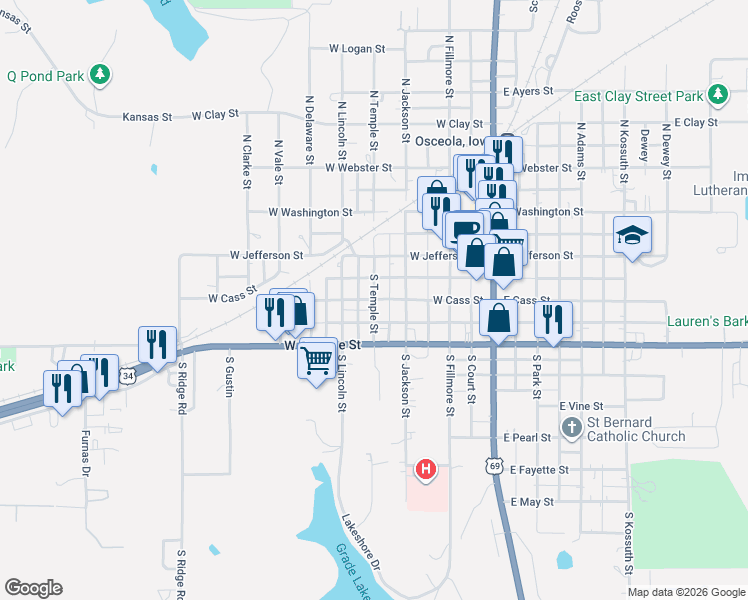 map of restaurants, bars, coffee shops, grocery stores, and more near 299 South Temple Street in Osceola