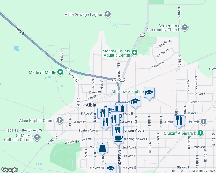 map of restaurants, bars, coffee shops, grocery stores, and more near 26 A Street North in Albia