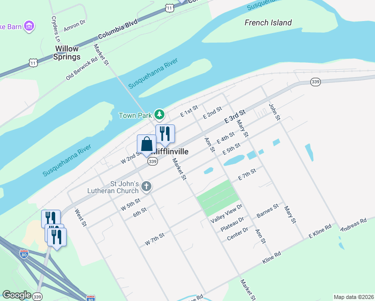 map of restaurants, bars, coffee shops, grocery stores, and more near 114 E 3rd St in Mifflinville