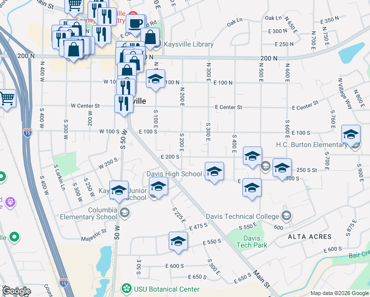 map of restaurants, bars, coffee shops, grocery stores, and more near 136 South 200 East in Kaysville