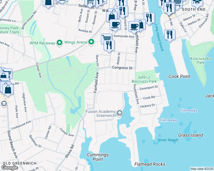 map of restaurants, bars, coffee shops, grocery stores, and more near 24 Burwood Avenue in Stamford