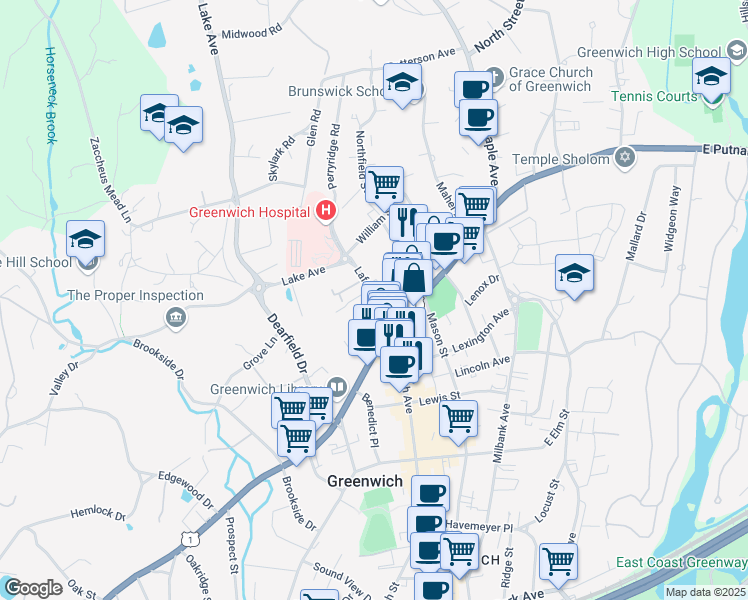 map of restaurants, bars, coffee shops, grocery stores, and more near 37 Lafayette Place in Greenwich