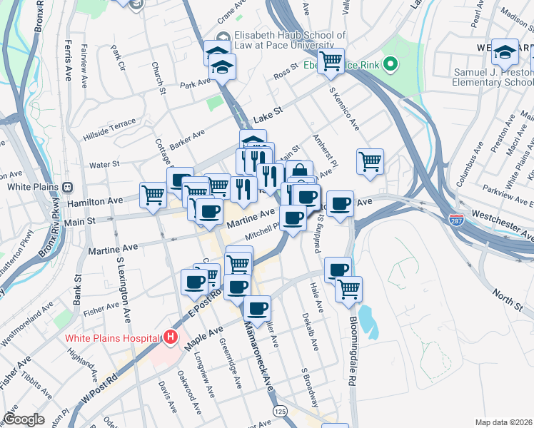 map of restaurants, bars, coffee shops, grocery stores, and more near 25 South Broadway in White Plains