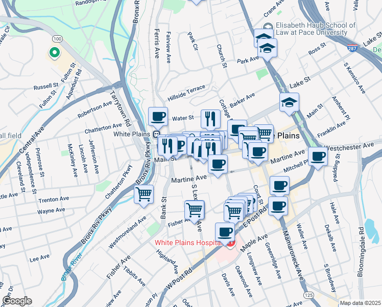 map of restaurants, bars, coffee shops, grocery stores, and more near 56 Hamilton Avenue in White Plains