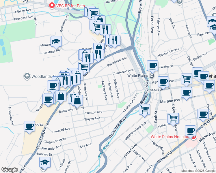 map of restaurants, bars, coffee shops, grocery stores, and more near 21 Lincoln Avenue in White Plains
