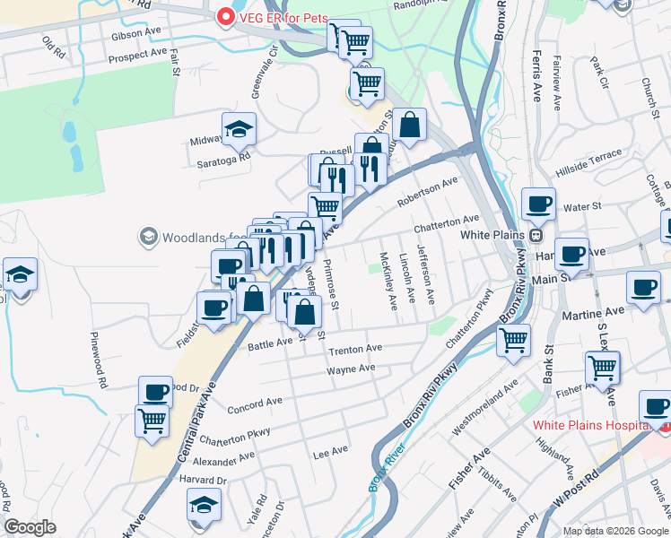 map of restaurants, bars, coffee shops, grocery stores, and more near 10 Primrose Street in White Plains