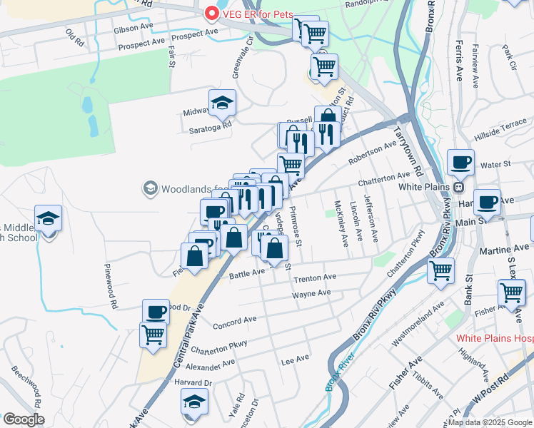 map of restaurants, bars, coffee shops, grocery stores, and more near 392 Central Avenue in White Plains