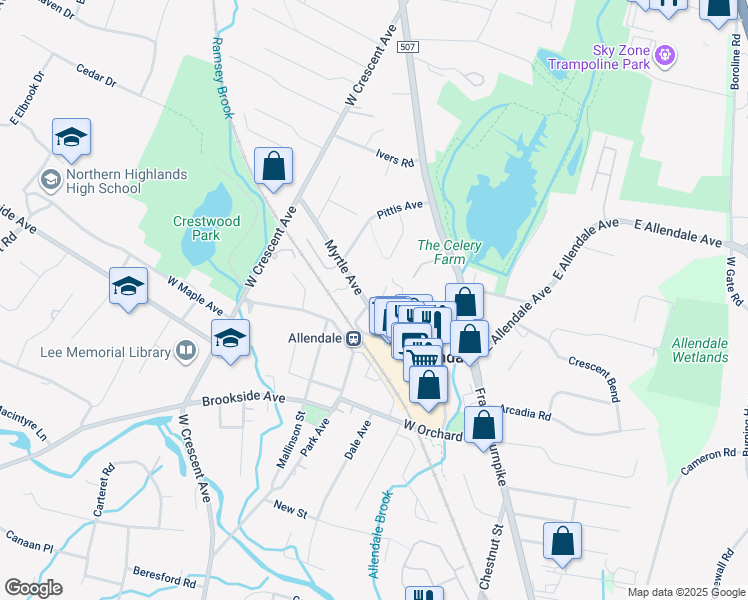 map of restaurants, bars, coffee shops, grocery stores, and more near 29 High Street in Allendale