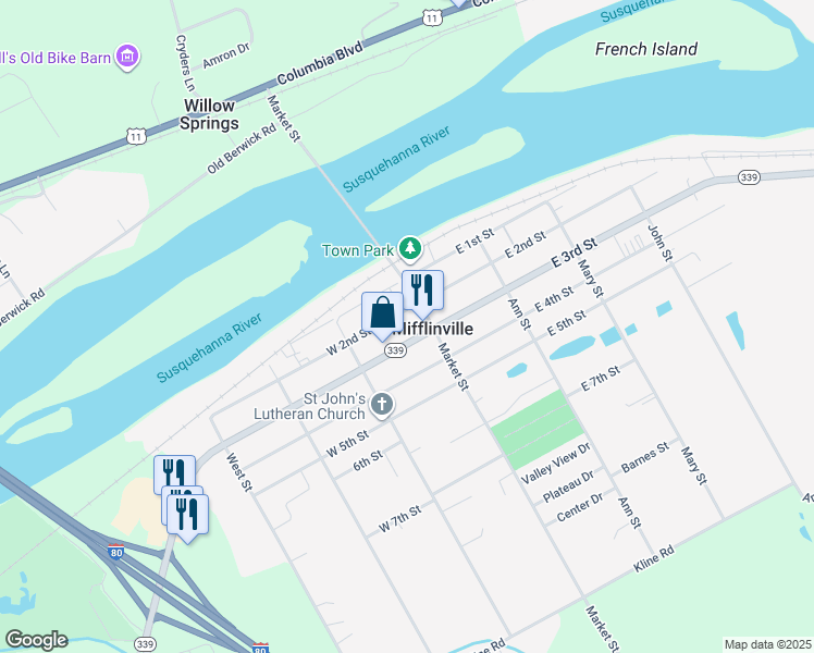 map of restaurants, bars, coffee shops, grocery stores, and more near 114 W 2nd St in Mifflinville