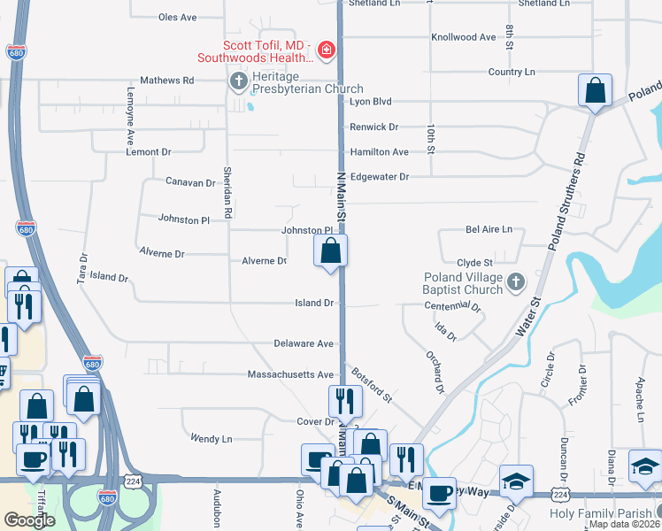 map of restaurants, bars, coffee shops, grocery stores, and more near 555 North Main Street in Poland