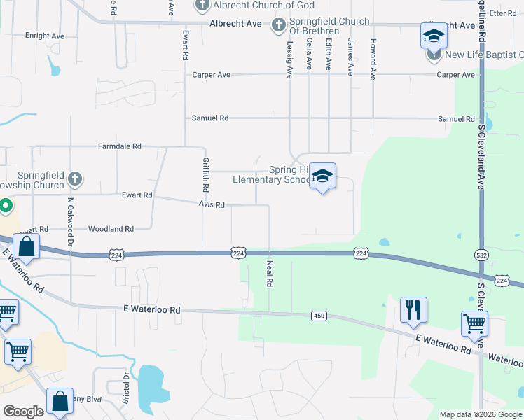 map of restaurants, bars, coffee shops, grocery stores, and more near 673 Neal Road in Akron