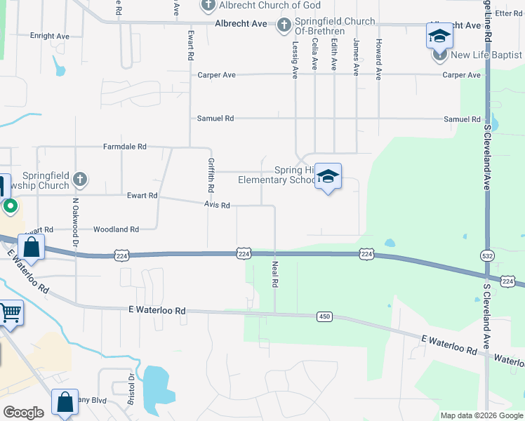 map of restaurants, bars, coffee shops, grocery stores, and more near 673 Neal Road in Akron