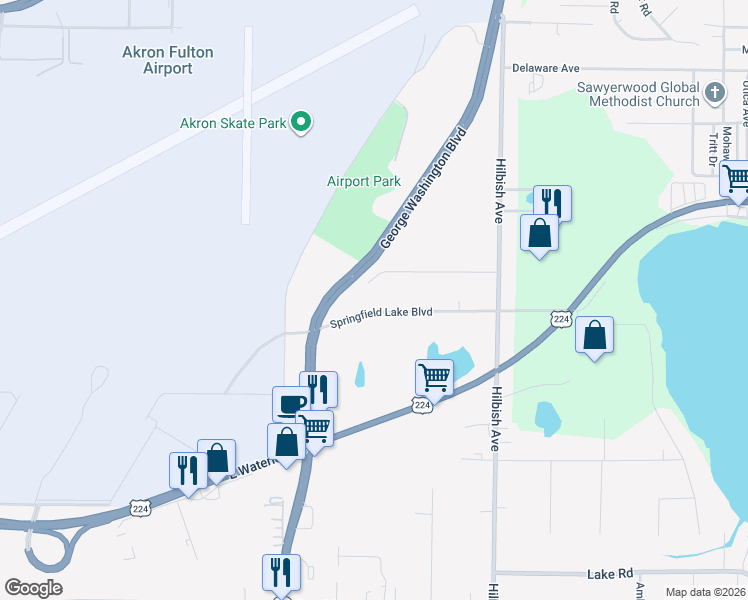 map of restaurants, bars, coffee shops, grocery stores, and more near 1914 Cherrywood Lane in Akron
