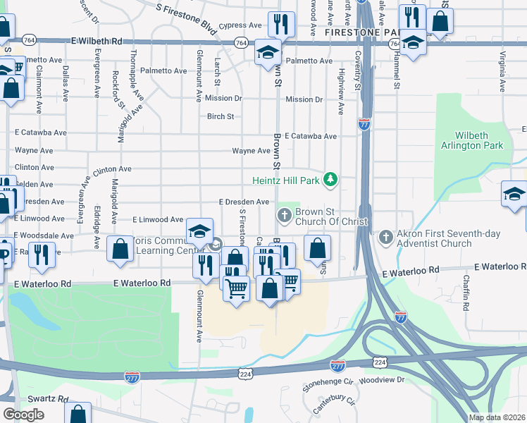 map of restaurants, bars, coffee shops, grocery stores, and more near 434 East Dresden Avenue in Akron