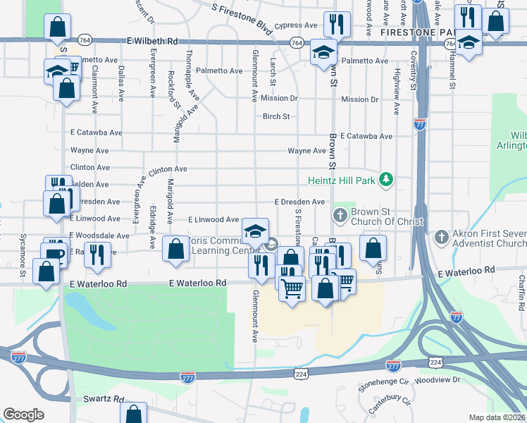map of restaurants, bars, coffee shops, grocery stores, and more near 347 East Dresden Avenue in Akron