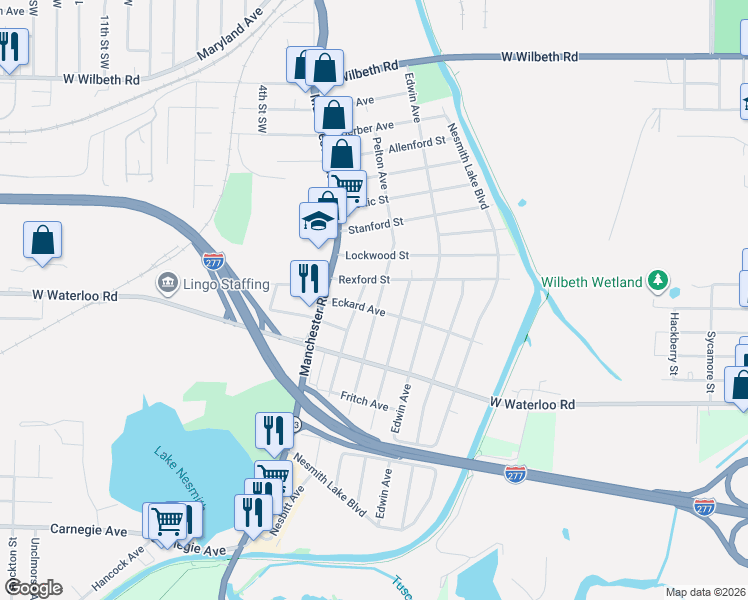 map of restaurants, bars, coffee shops, grocery stores, and more near 478 Rexford Street in Akron