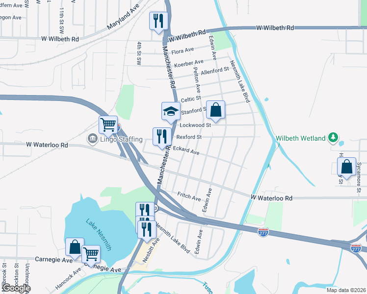 map of restaurants, bars, coffee shops, grocery stores, and more near 478 Rexford Street in Akron