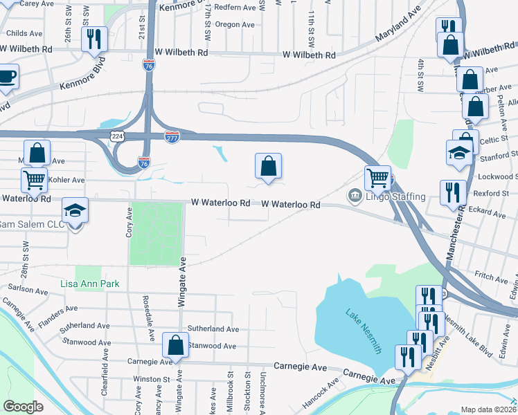 map of restaurants, bars, coffee shops, grocery stores, and more near 875 West Waterloo Road in Akron