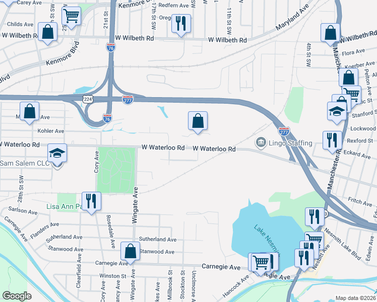 map of restaurants, bars, coffee shops, grocery stores, and more near 939 West Waterloo Road in Akron