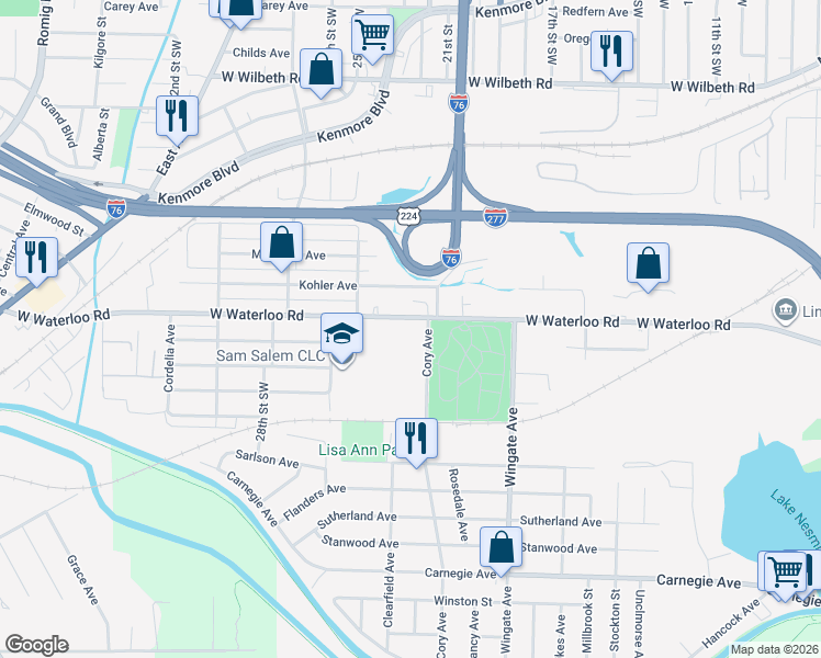 map of restaurants, bars, coffee shops, grocery stores, and more near 1135 West Waterloo Road in Akron