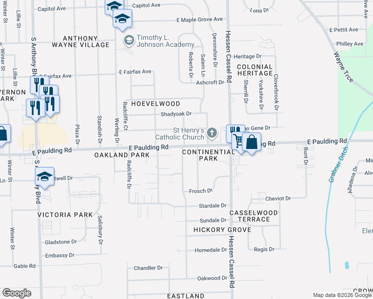 map of restaurants, bars, coffee shops, grocery stores, and more near 2911-2999 East Paulding Road in Fort Wayne
