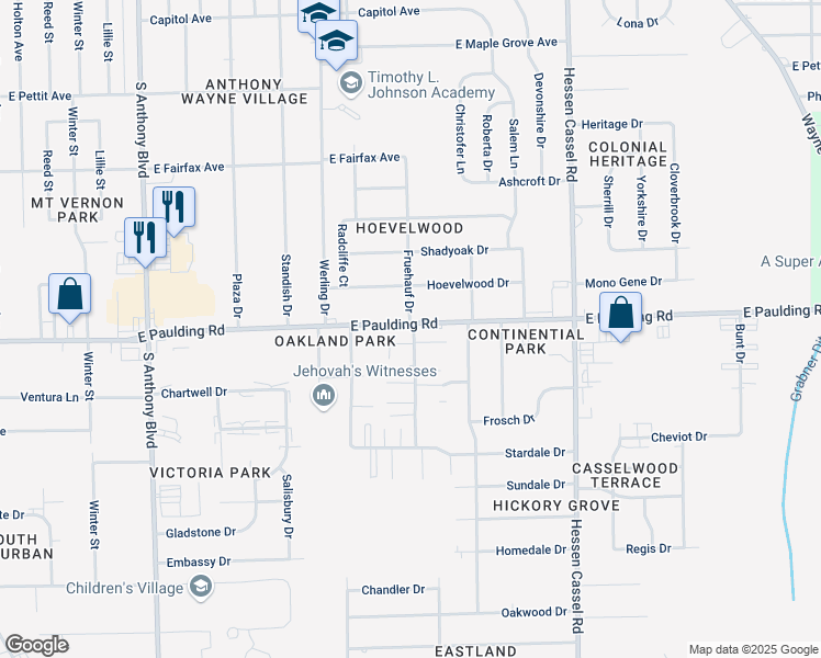 map of restaurants, bars, coffee shops, grocery stores, and more near 2605 East Paulding Road in Fort Wayne