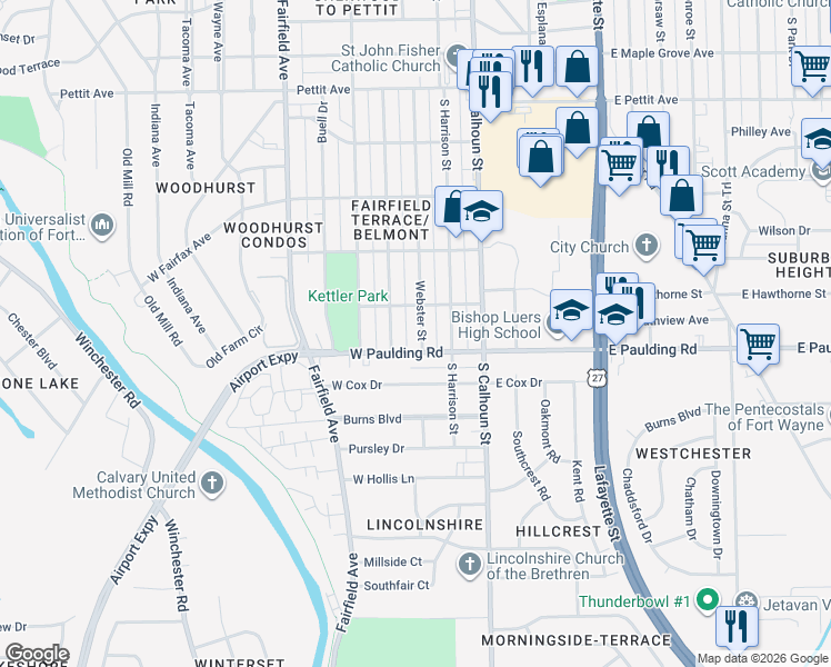 map of restaurants, bars, coffee shops, grocery stores, and more near 5615 Webster Street in Fort Wayne