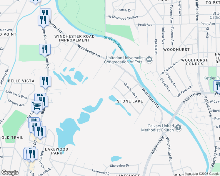 map of restaurants, bars, coffee shops, grocery stores, and more near 1720 Mayflower Road in Fort Wayne