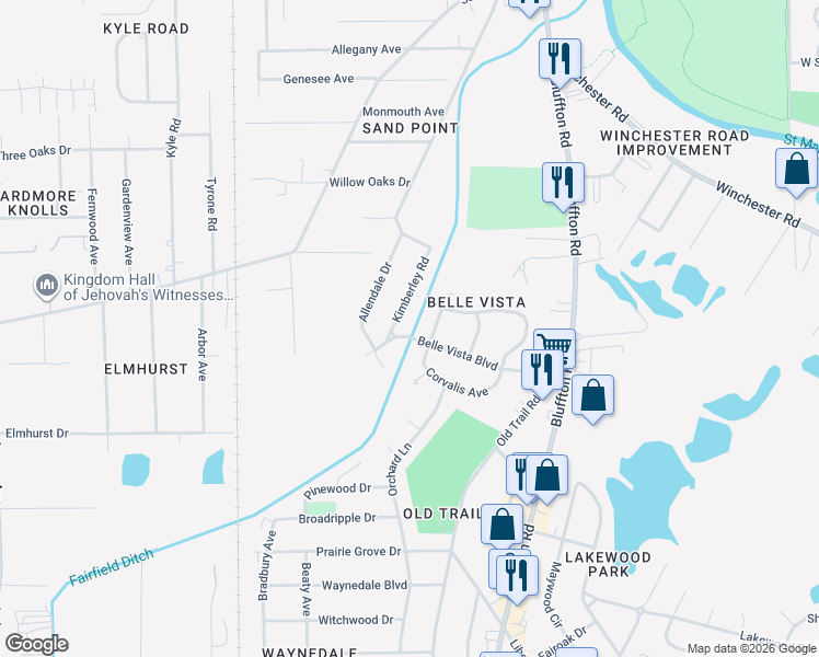 map of restaurants, bars, coffee shops, grocery stores, and more near 5815 Kimberley Road in Fort Wayne