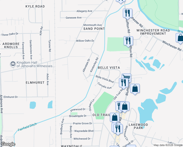 map of restaurants, bars, coffee shops, grocery stores, and more near 5815 Kimberley Road in Fort Wayne