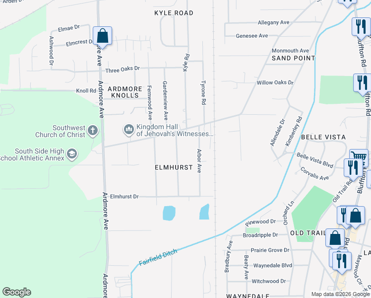 map of restaurants, bars, coffee shops, grocery stores, and more near 5615 Woodheath Avenue in Fort Wayne