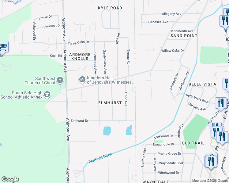 map of restaurants, bars, coffee shops, grocery stores, and more near 5615 Woodheath Avenue in Fort Wayne