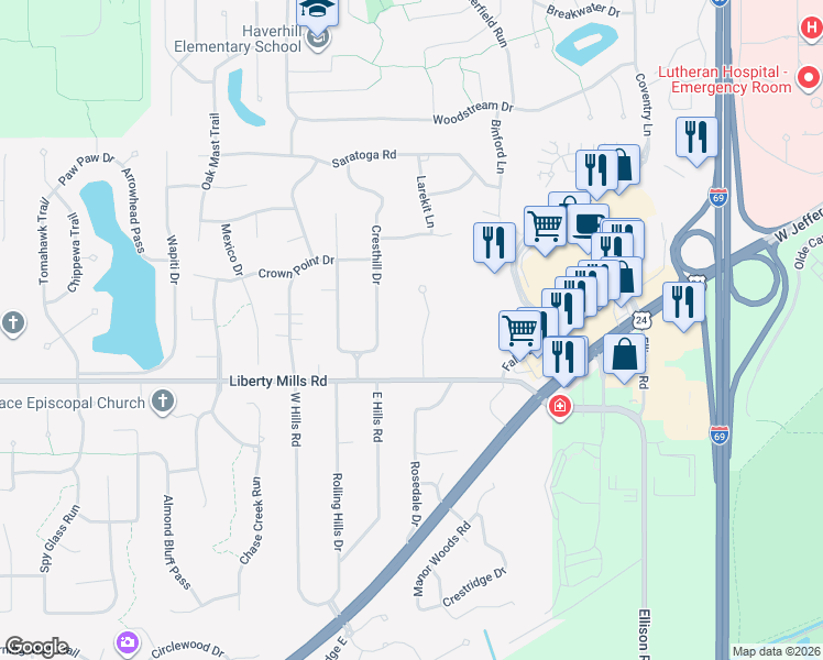 map of restaurants, bars, coffee shops, grocery stores, and more near 5604 Burnham Woods Lane in Fort Wayne